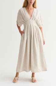 CRESCENT Pleated Linen Midi Dress