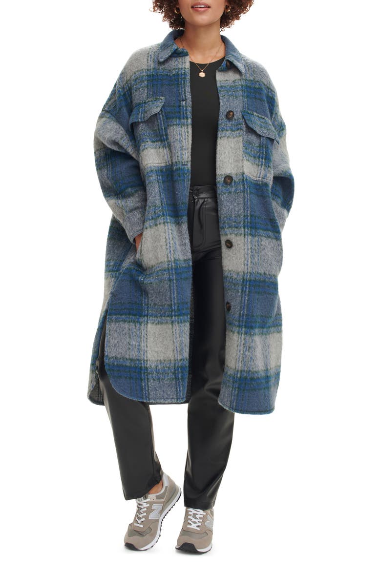 Plaid Longline Coat, Main, color, BLUE PLAID