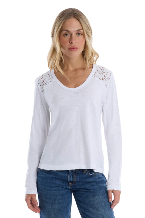 V-Neck Long Sleeve Mixed Media Tee with Lace Inset