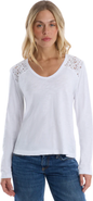 WILT Clothing V-Neck Long Sleeve Mixed Media Tee with Lace Inset