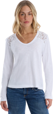 WILT Clothing V-Neck Long Sleeve Mixed Media Tee with Lace Inset