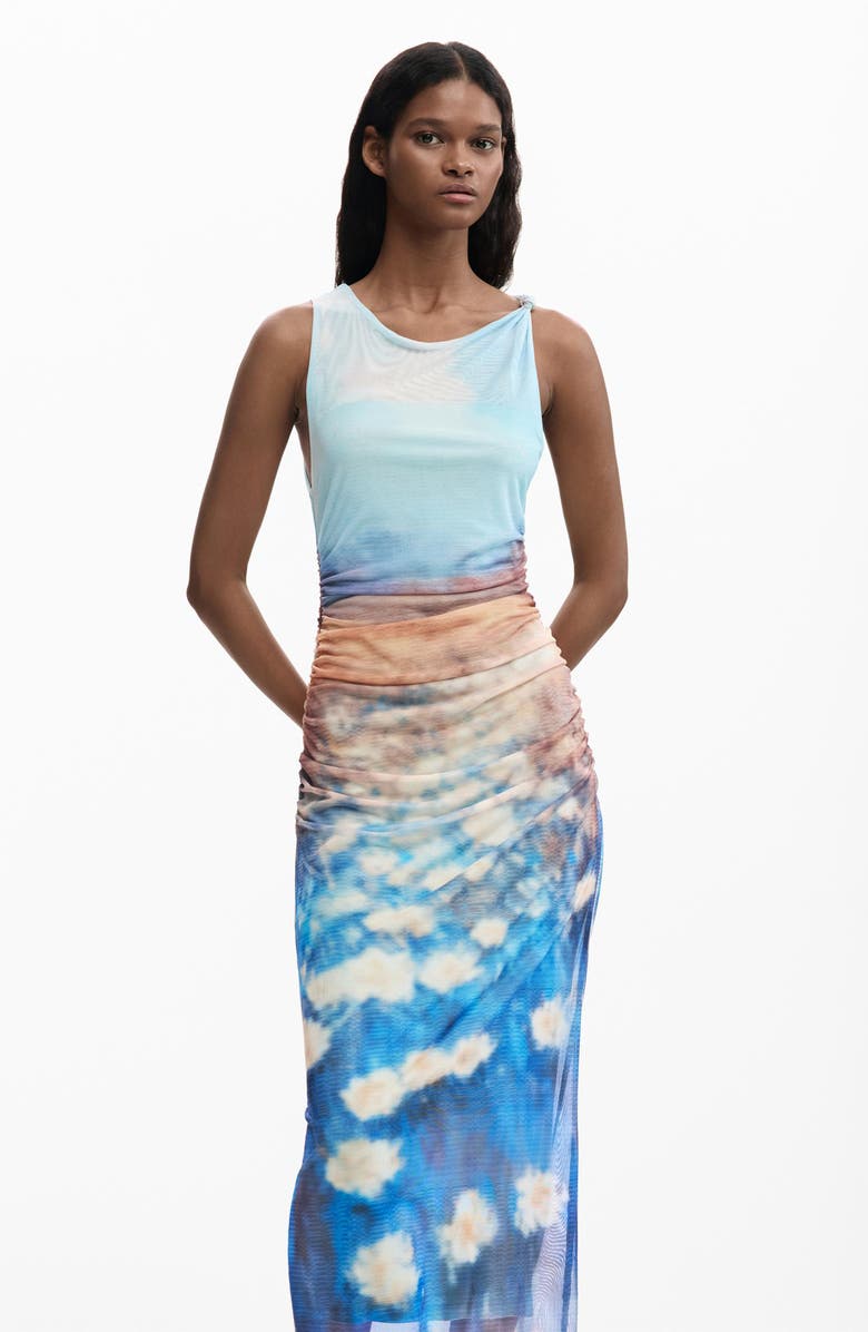 Desigual Sleeveless Abstract Floral Print Mesh Dress, Alternate, color, Blue