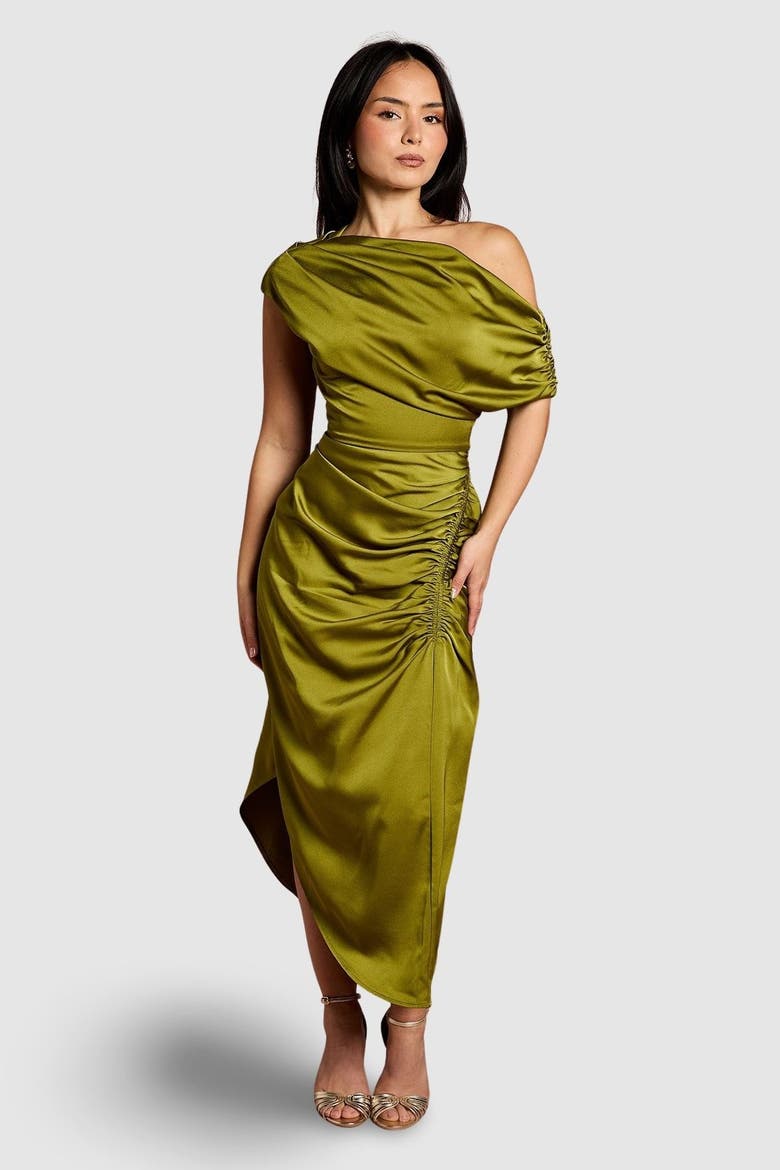 Petite Satin One Shoulder Midi Dress, Main, color, Olive