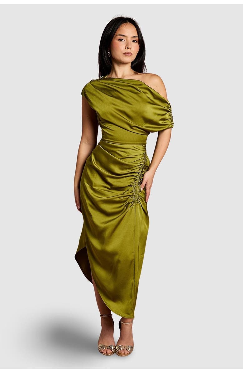 Coast Petite Satin One Shoulder Midi Dress, Main, color, Olive