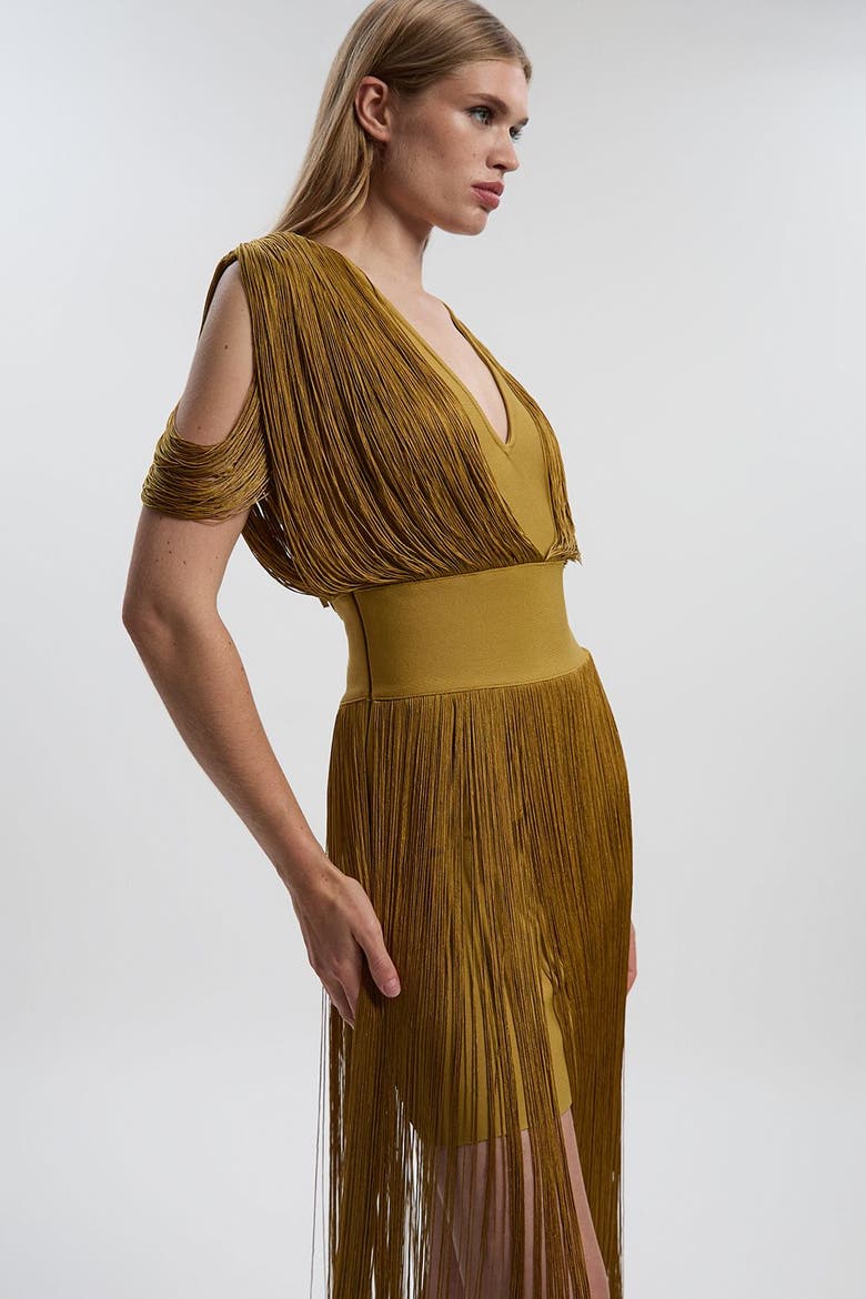 Bandage Knit Fringe Detail Dress, Alternate, color, Gold