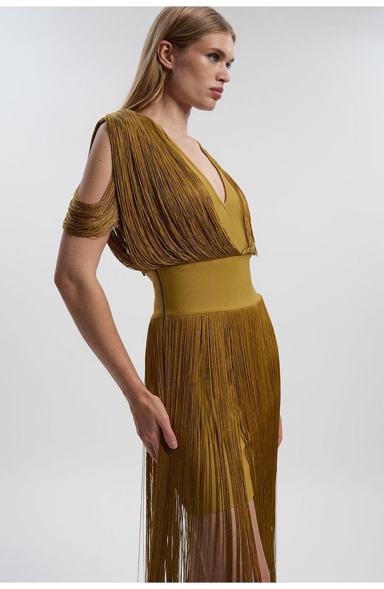 Karen Millen Bandage Knit Fringe Detail Dress, Alternate, color, Gold