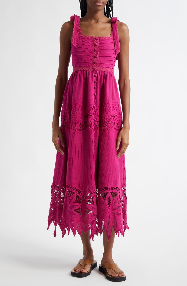 FARM Rio Daisy Lace Detail Cotton & Linen Midi Sundress, Main, color, 