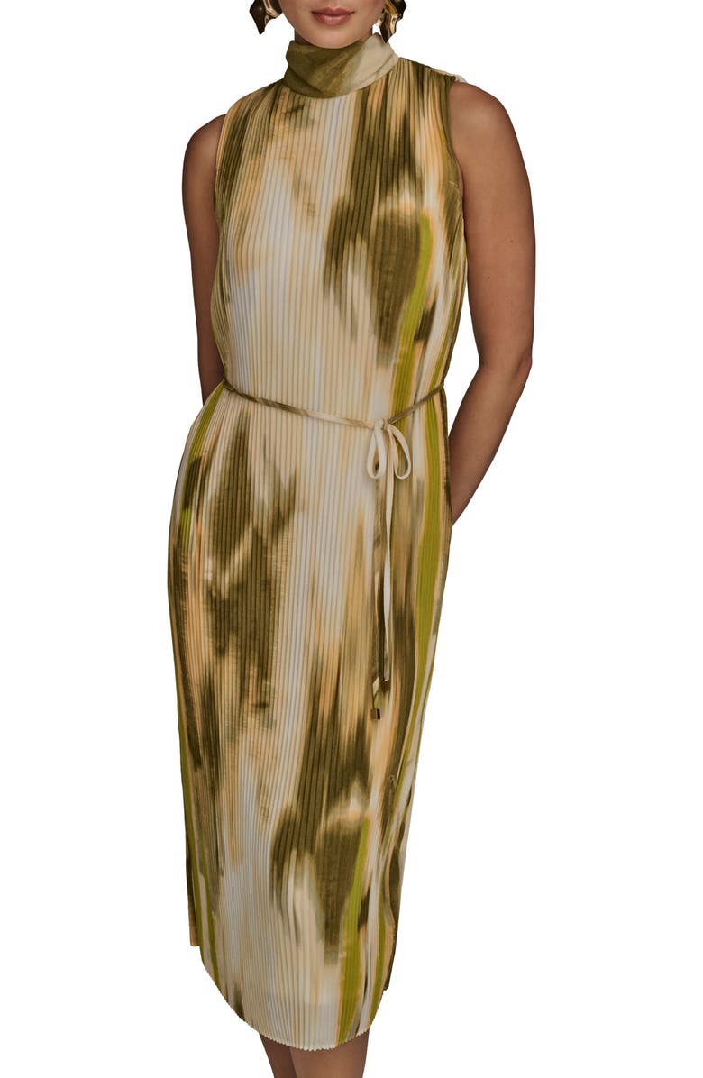 Donna Karan New York Abstract Print Micropleat Midi Dress, Alternate, color, Smoky Olive
