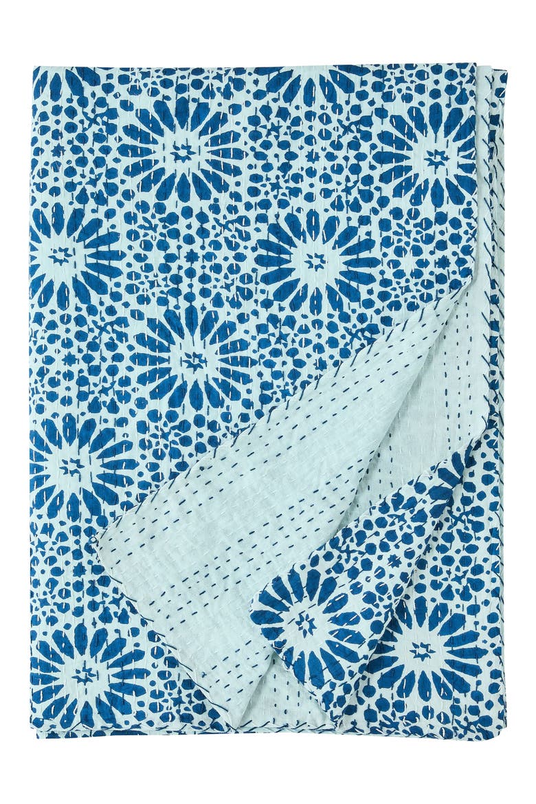 Flower Burst Kantha Cotton Throw Blanket, Main, color, INDIGO