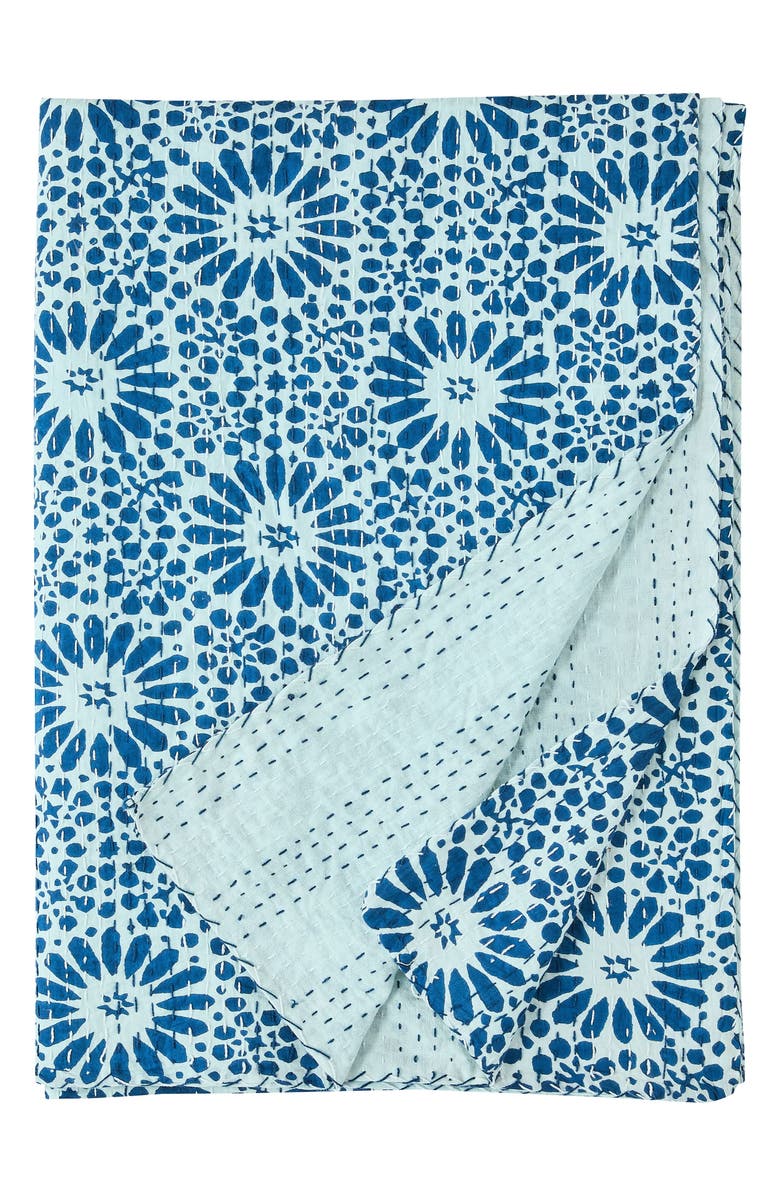 MELANGE HOME Flower Burst Kantha Cotton Throw Blanket, Main, color, Indigo