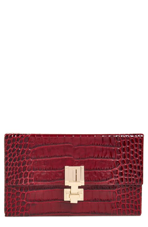T Latch East/West Croc Embossed Leather Clutch