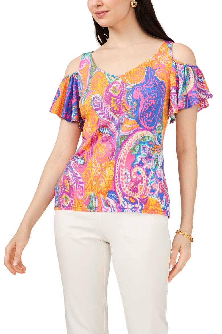 V-Neck Cold Shoulder Top, Main, color, PINK/MANGO/VIOLET