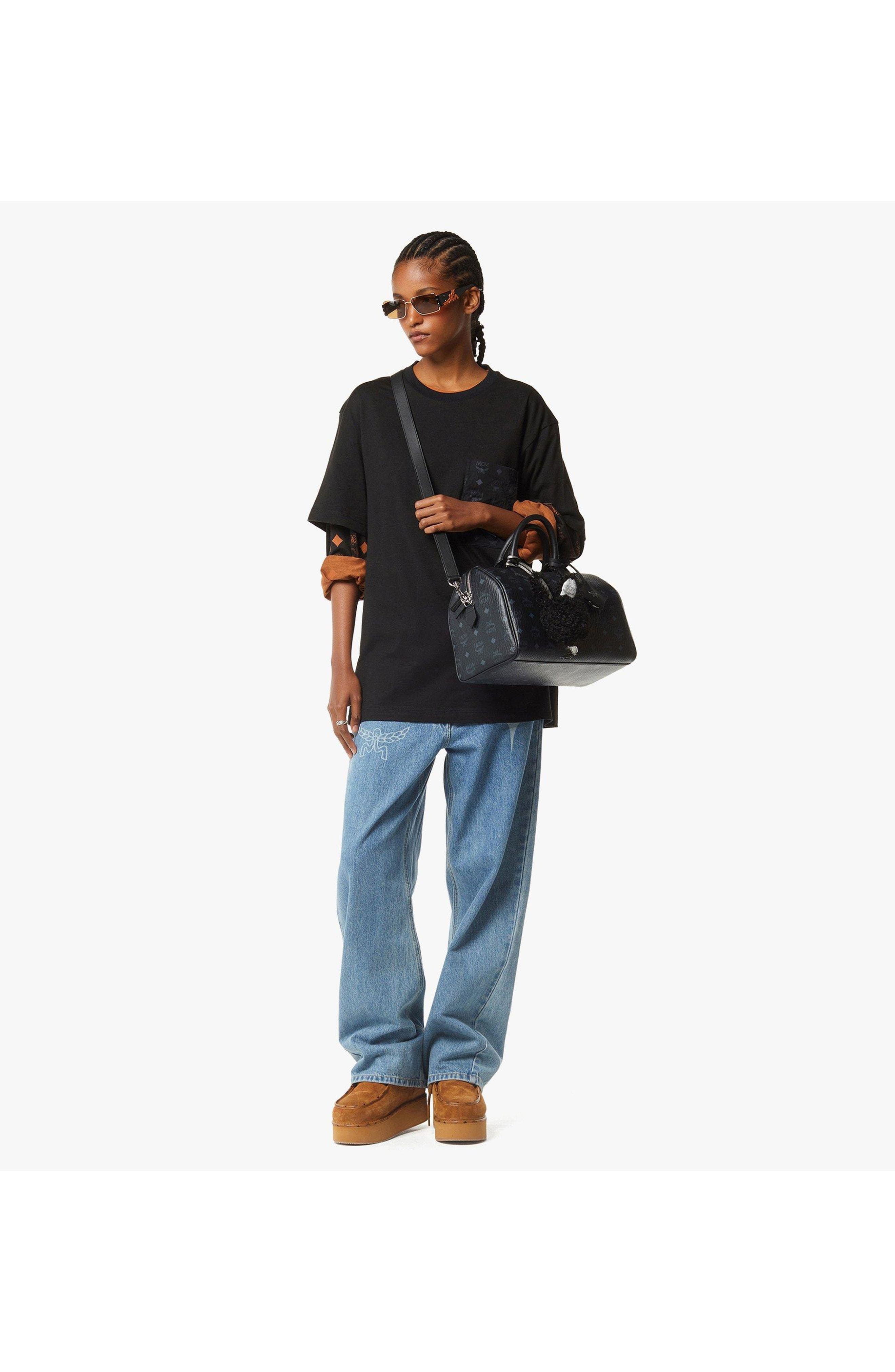 MCM Medium Ella Boston Bag in Visetos, Alternate, color, Black