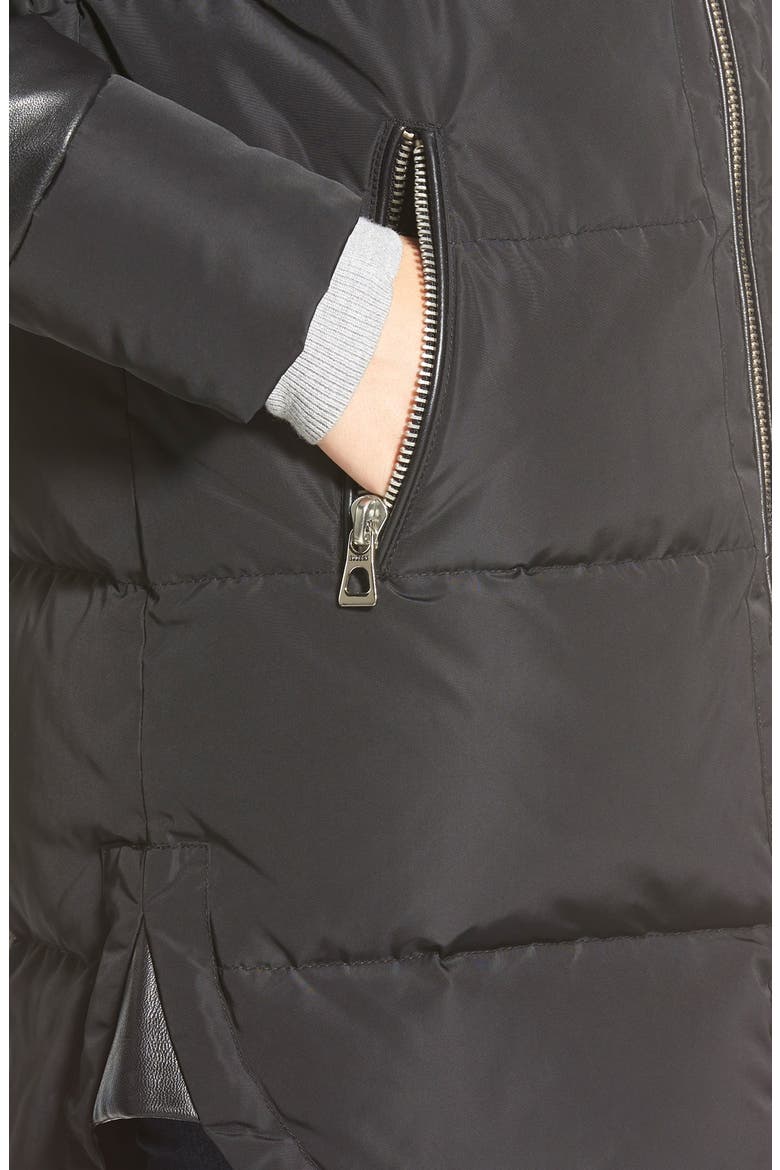'Calyo' Leather Trim Hooded Down Coat, Alternate, color, BLACK