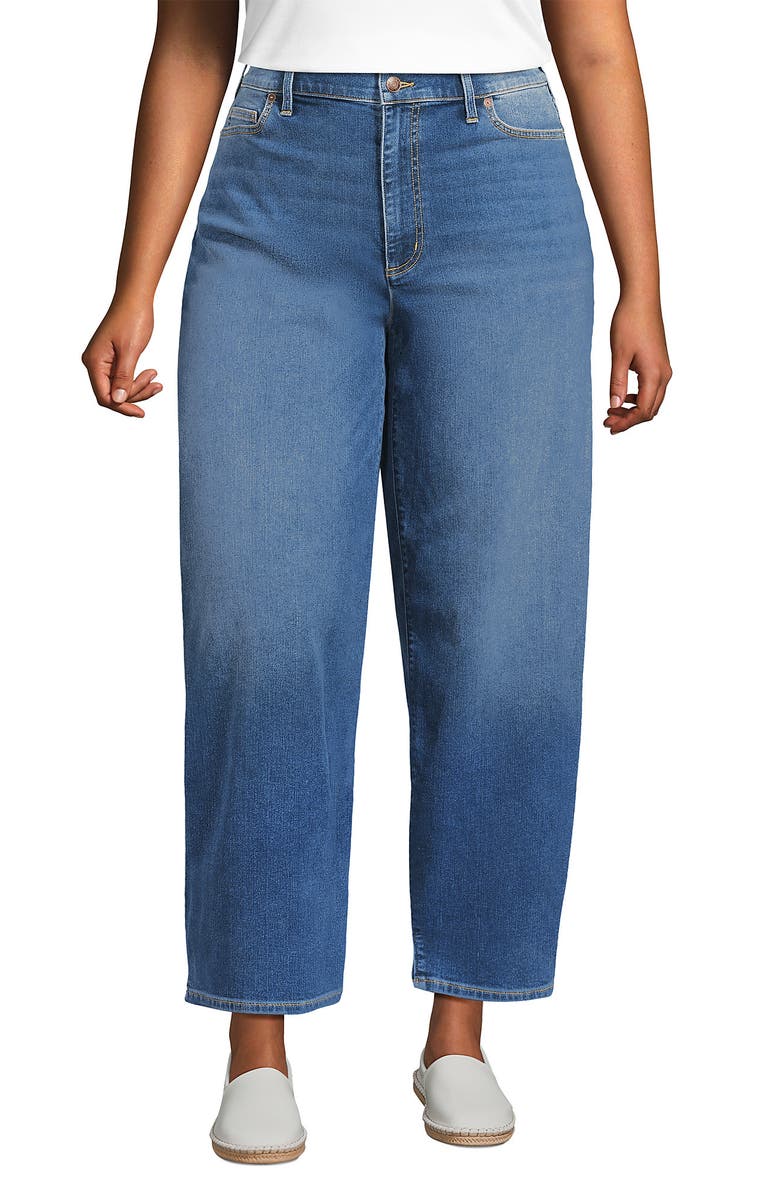 Lands' End Plus Size Denim High Rise Barrel Leg Ankle Jeans, Main, color, Indigo Tide Blue