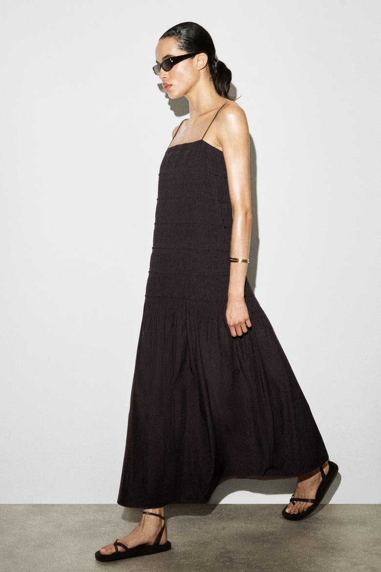 Ruched Dropped-waist Poplin Midi Dress, Alternate, color, DARK BROWN