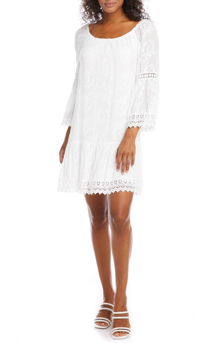 Karen Kane Mixed Lace Trim Long Sleeve Eyelet Shift Dress, Alternate, color, 