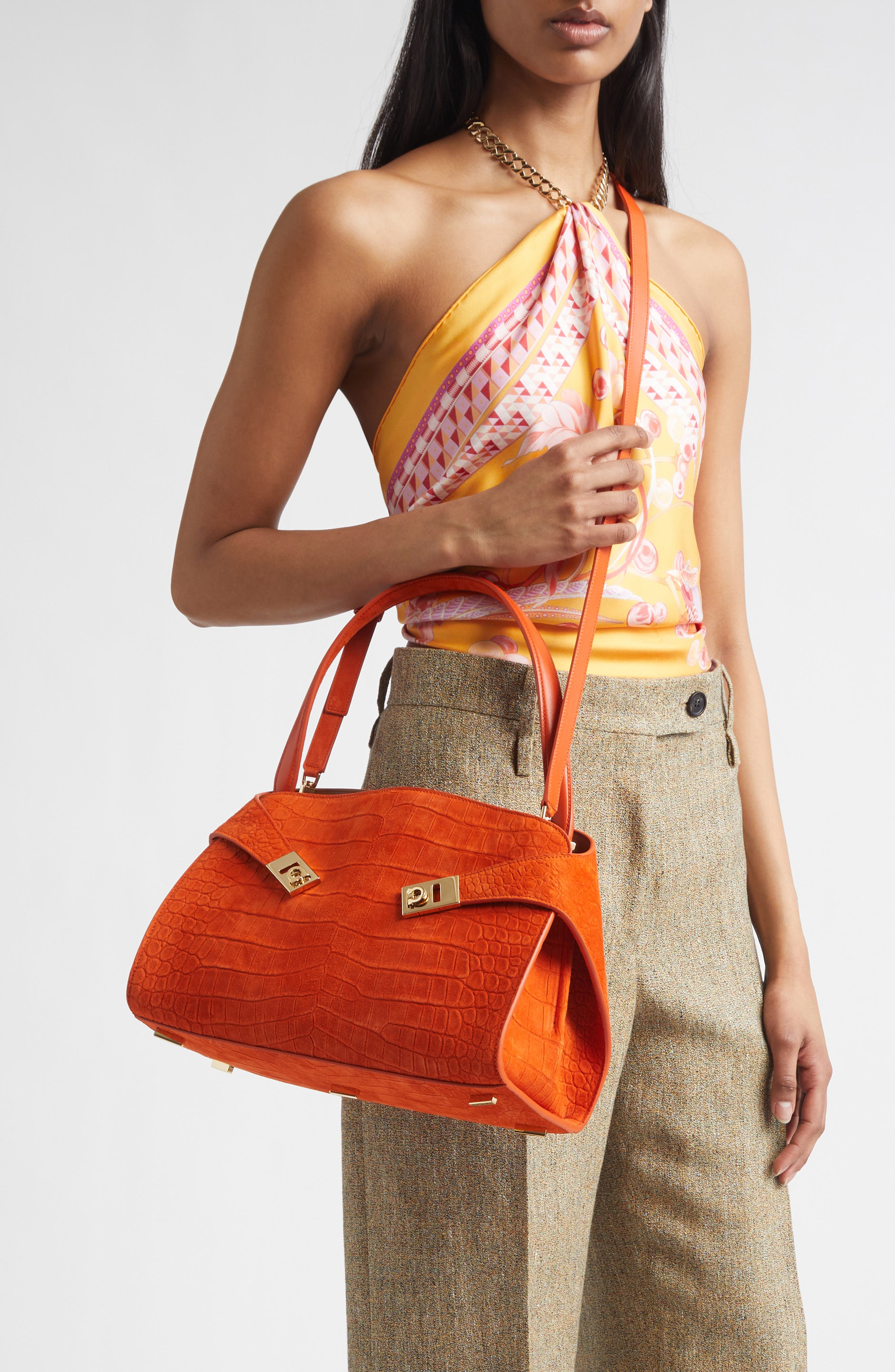 Hug Croc Embossed Suede Handbag, Alternate, color, LIGHT SIENA NATURALE RST