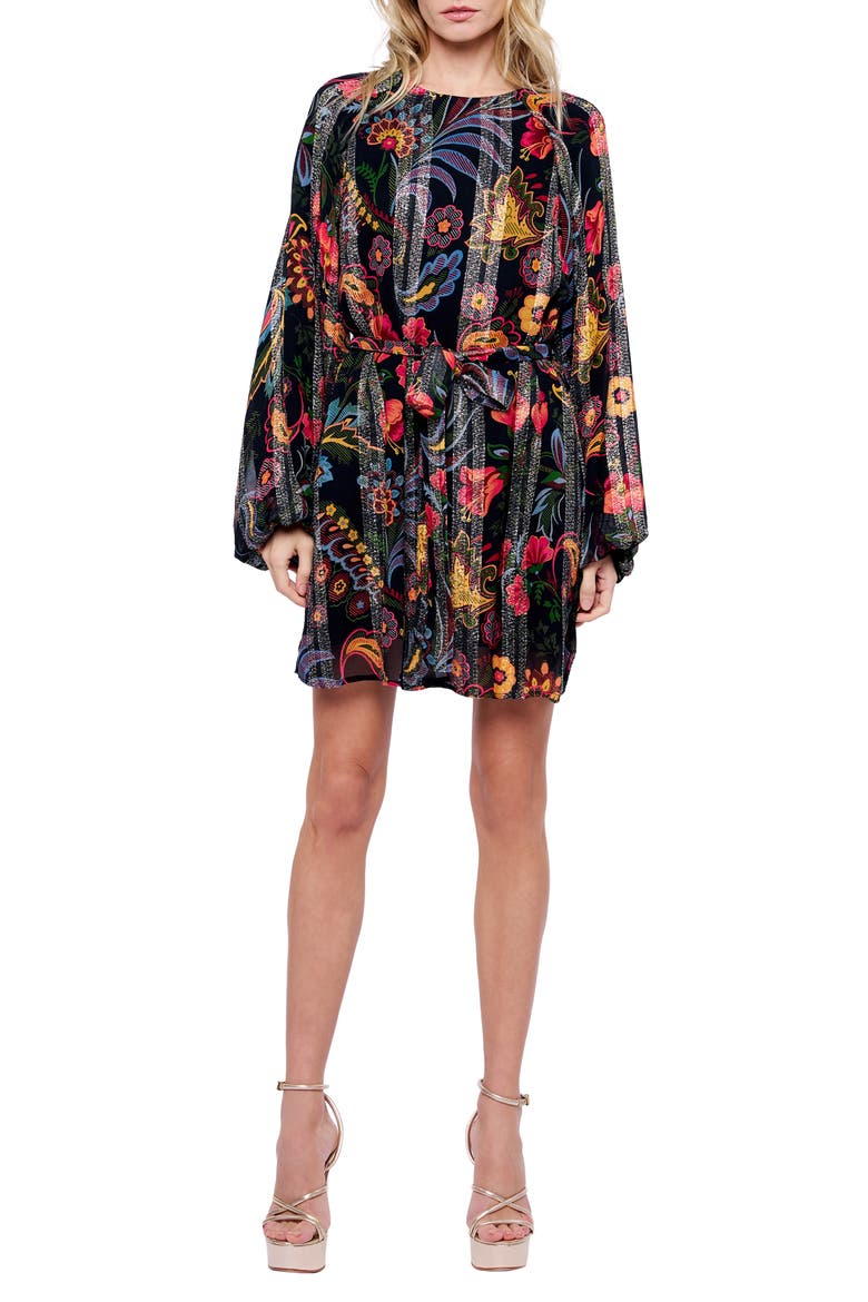 Odette Floral Metallic Long Sleeve Belted Dress, Alternate, color, BLACK