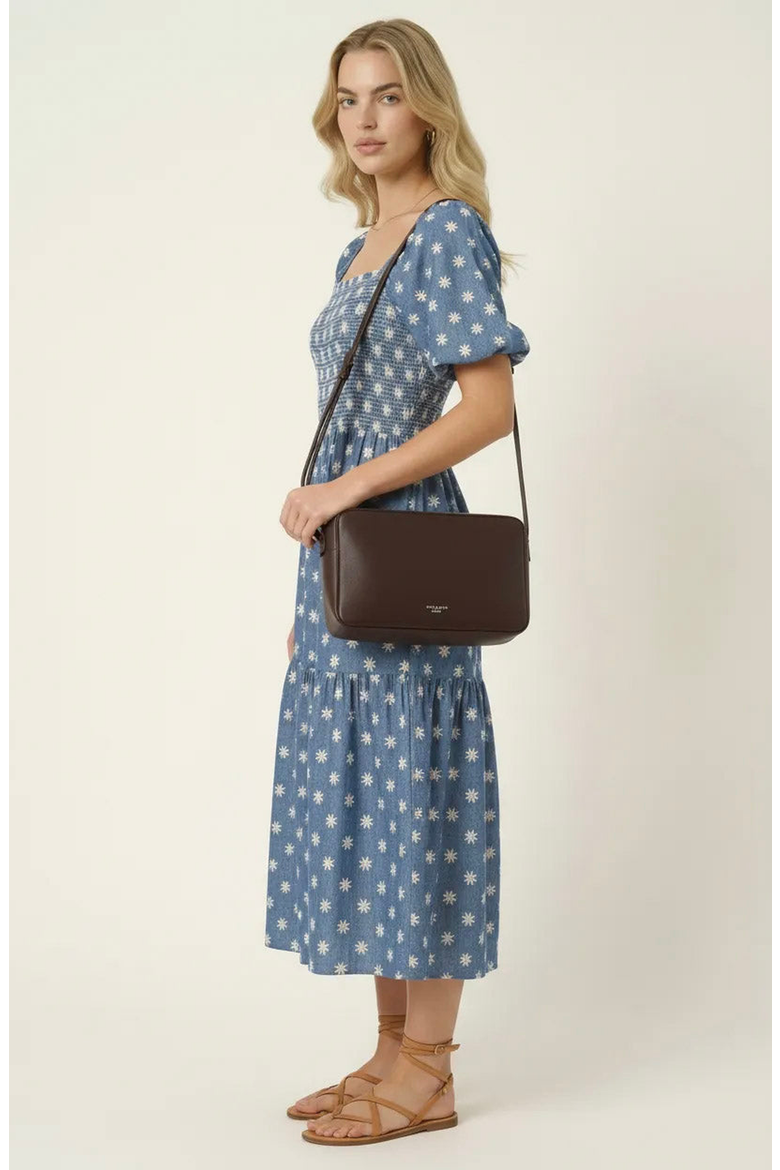 Smocked Puff-Sleeve Midi Dress with Tiered Skirt and Pockets, Alternate, color, Blue / White Floral