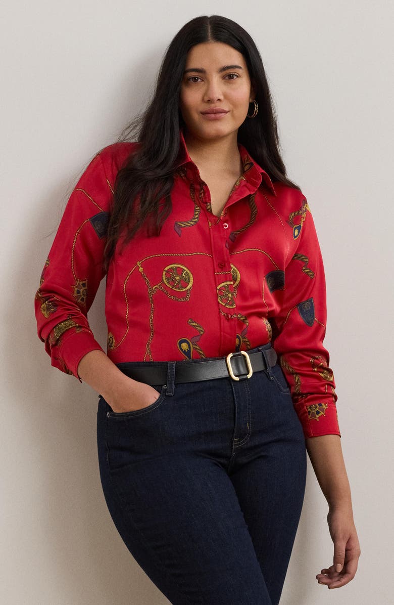 Lauren Ralph Lauren Jamelko Chain Print Charmeuse Button-Up Shirt, Alternate, color, 