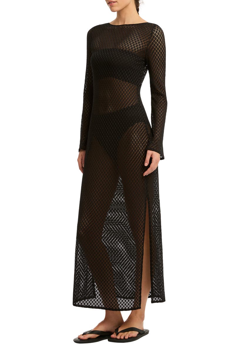 Sea Level x India Hicks Long Sleeve Sheer Lace Cover-Up Dress, Alternate, color, Black