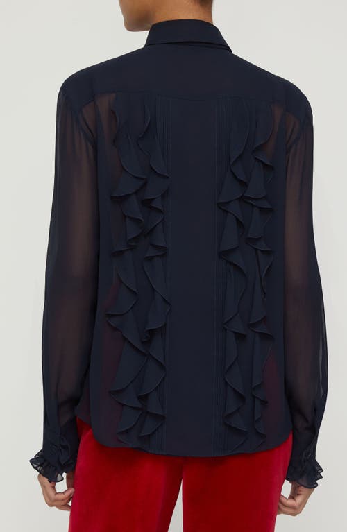 Lafayette 148 New York Ruffle Tie Neck Silk Georgette Shirt In Blue