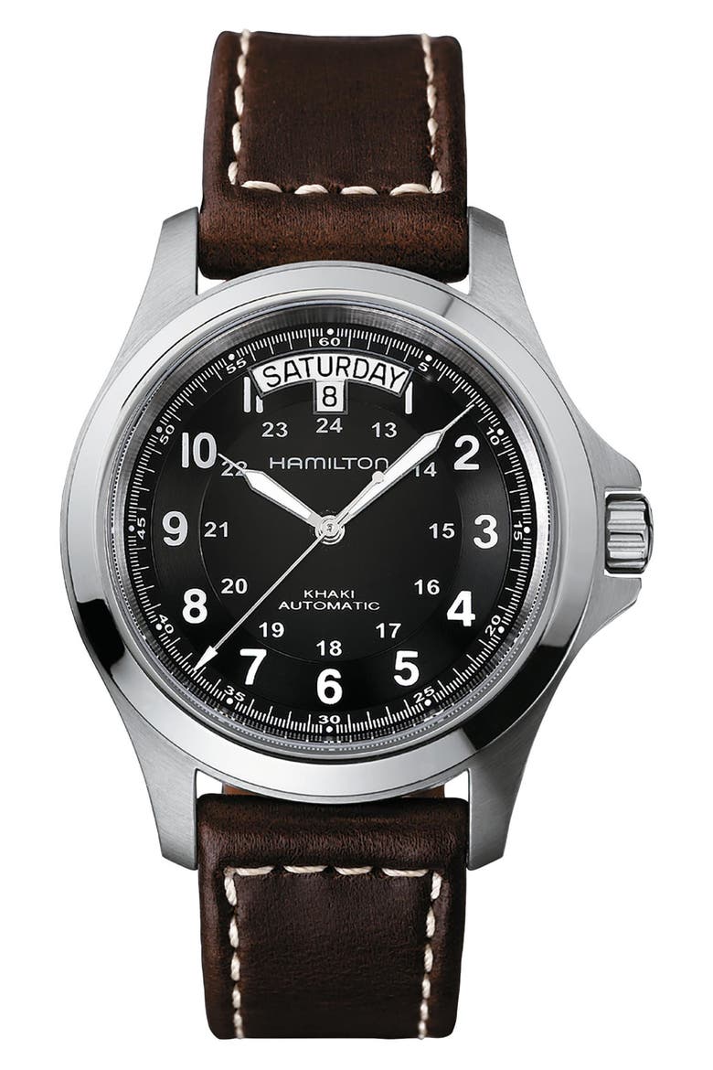 Khaki Field Automatic Leather Strap Watch, 40mm, Main, color, BROWN/BLACK/SILVER