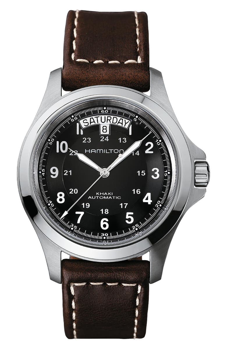 Hamilton Khaki Field Automatic Leather Strap Watch, 40mm, Main, color, Brown/Black/Silver