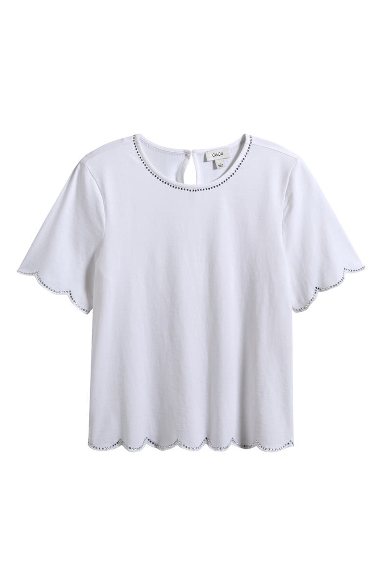 CeCe Embellished Scalloped Trim Jersey Top, Alternate, color, Ultra White