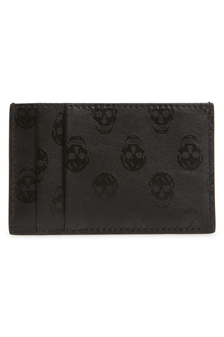 Alexander McQueen Skull Debossed Leather Card Holder, Alternate, color, BLACK