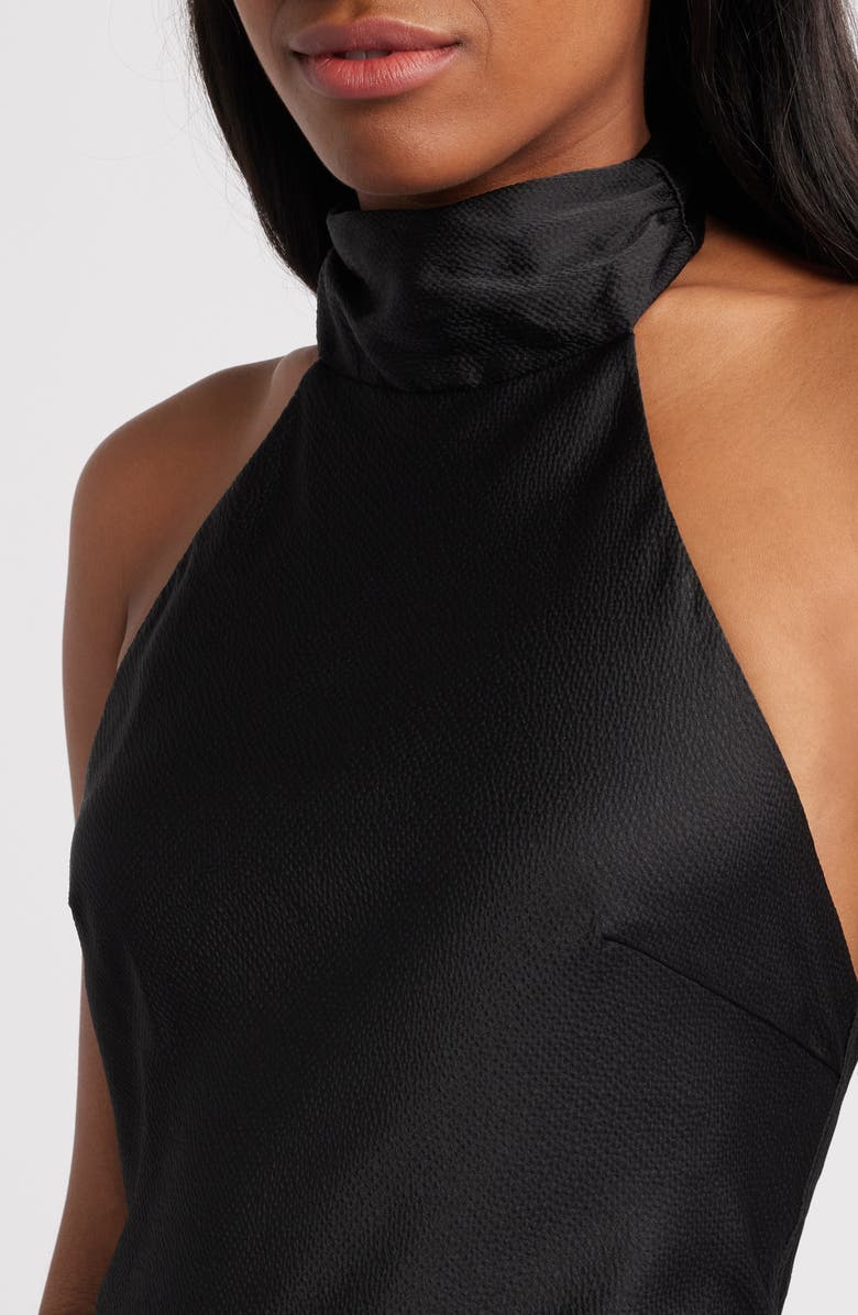 Rare London Feather Trim Halter Satin Cocktail Midi Dress, Alternate, color,