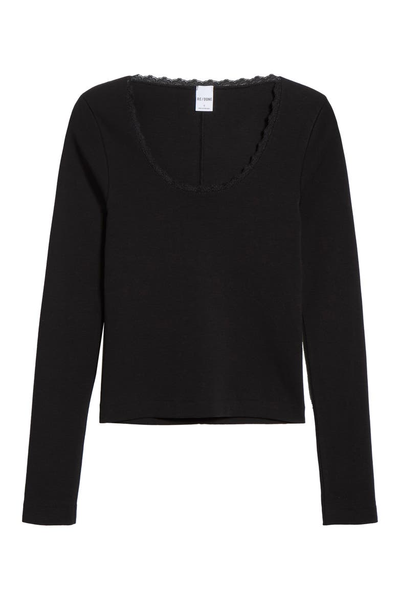 Lace Trim Stretch Cotton Top, Alternate, color, BLACK