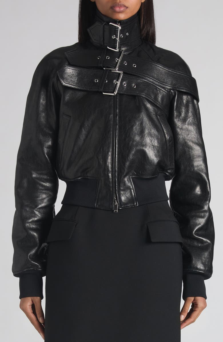 McQueen Belt Detail Lambskin Leather Bomber Jacket, Alternate, color, Black