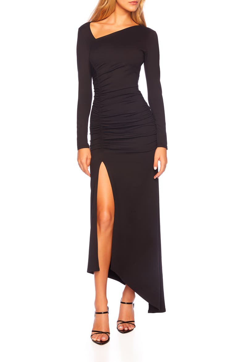Long Sleeve Ruched Slit Maxi Dress, Main, color, BLACK