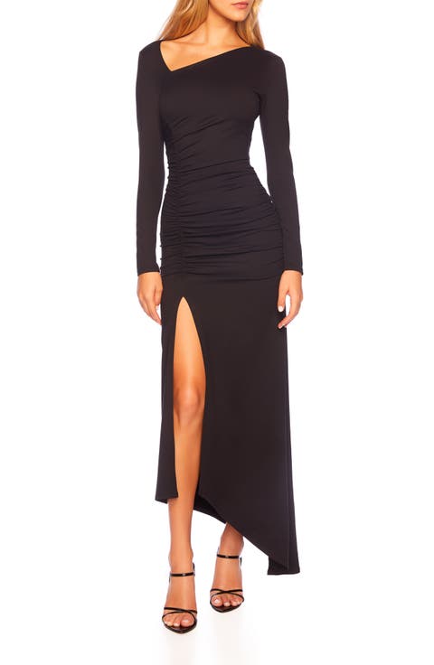 Long Sleeve Ruched Slit Maxi Dress