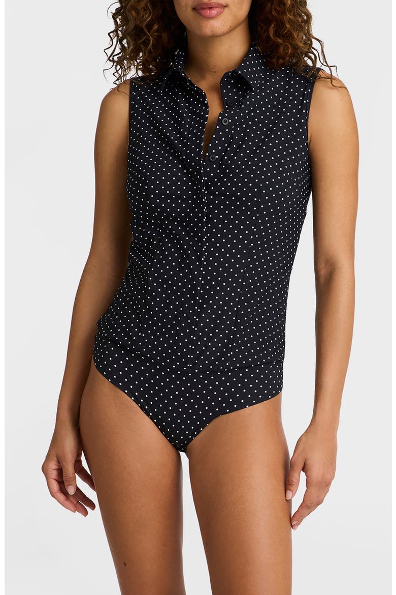 Classic Printed Sleeveless Button Down Bodysuit, Main, color, BLACK / WHITE DOT