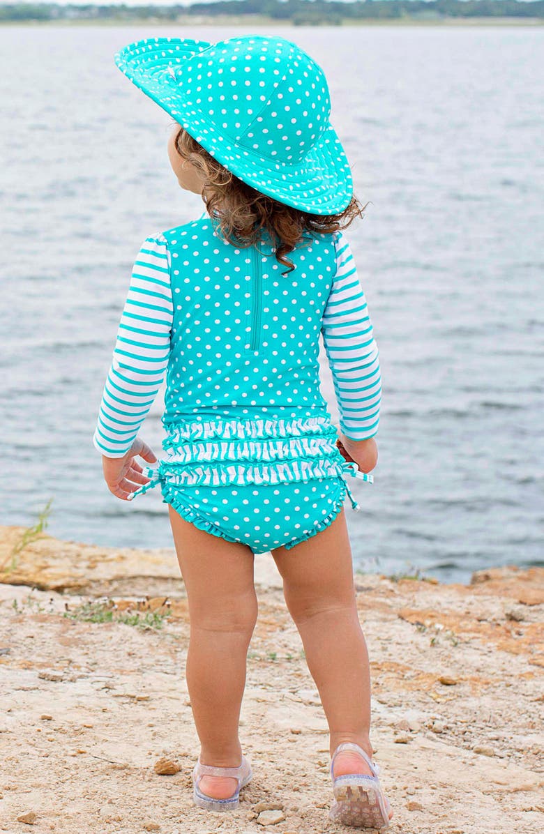 RuffleButts One-Piece Rashguard Swimsuit & Hat Set, Alternate, color, 