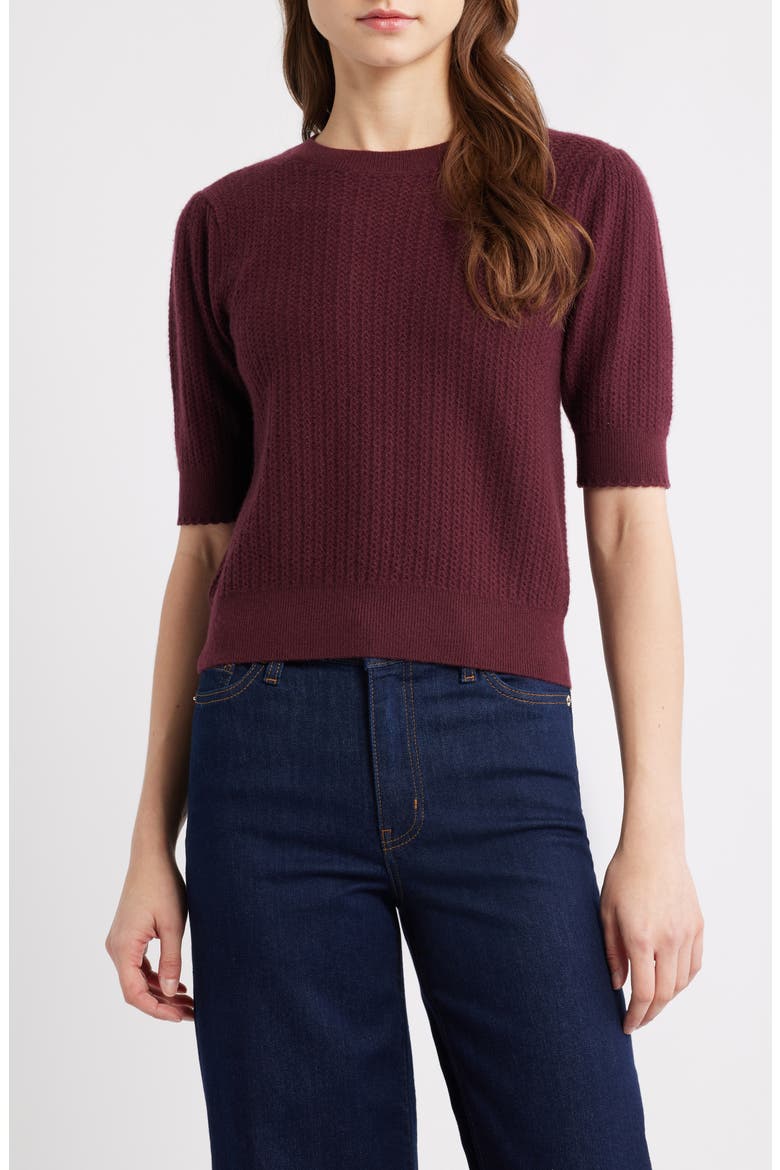 The Ladder Pointelle Short Sleeve Cashmere Sweater, Main, color, CABERNET