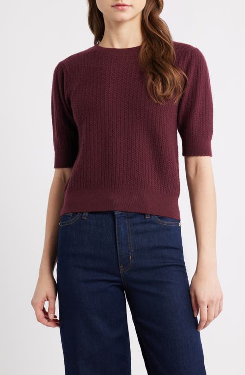Frame The Ladder Pointelle Short Sleeve Cashmere Sweater In Burgundy