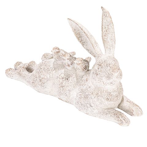 Decorative Resting Rabbit with Birds Figurine, Distressed White