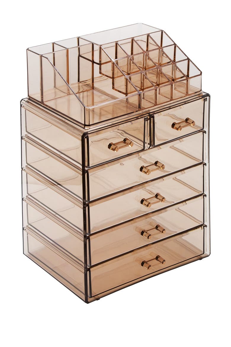 Acrylic 6 Drawer & Top Organizer Cosmetics Makeup & Jewelry Storage Case Display Set, Alternate, color, BROWN