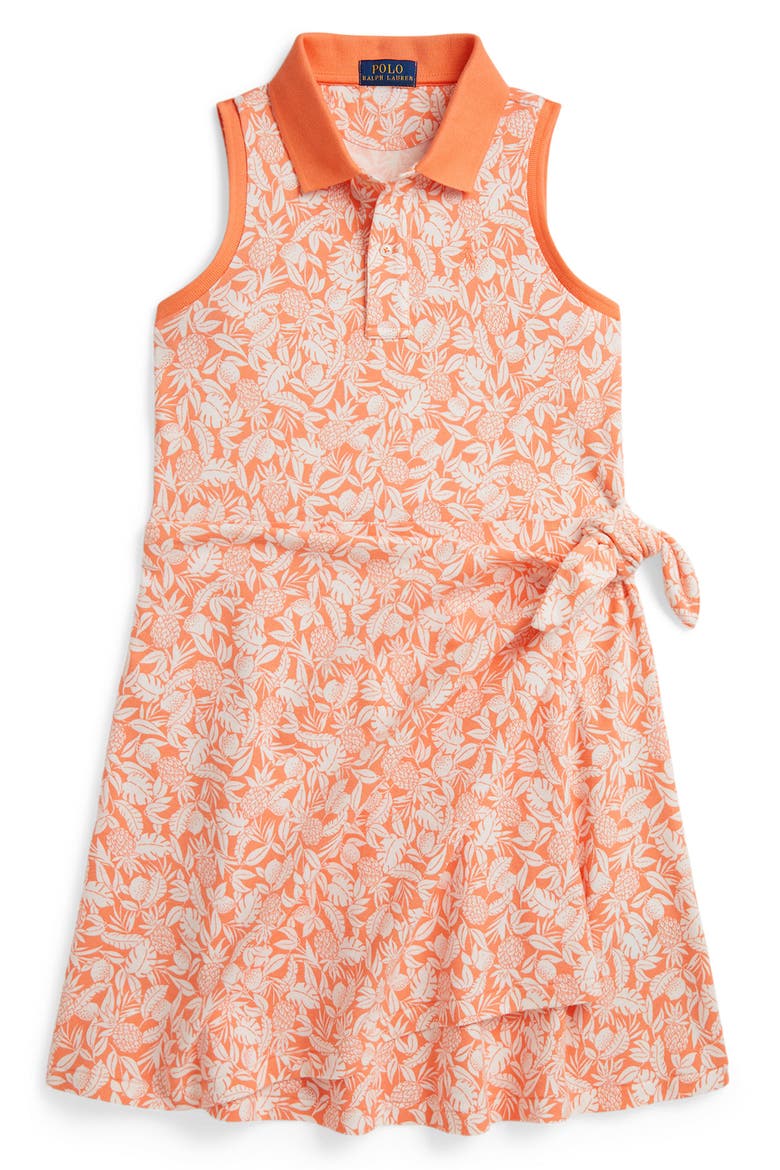 Kids' Sleeveless Stretch Cotton Mesh Faux Wrap Shirtdress, Main, color, ORANGE PINEAPPLE BREEZE PRINT
