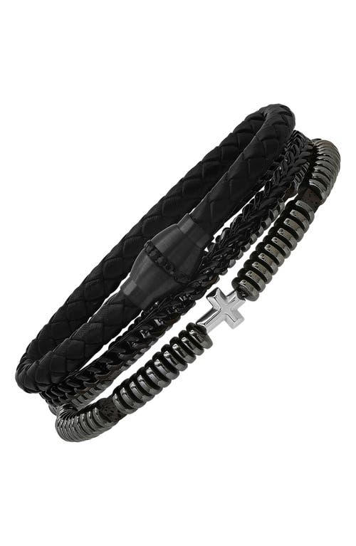 Hmy Jewelry Black Stainless Steel, Leather & Hematite Beaded Bracelets