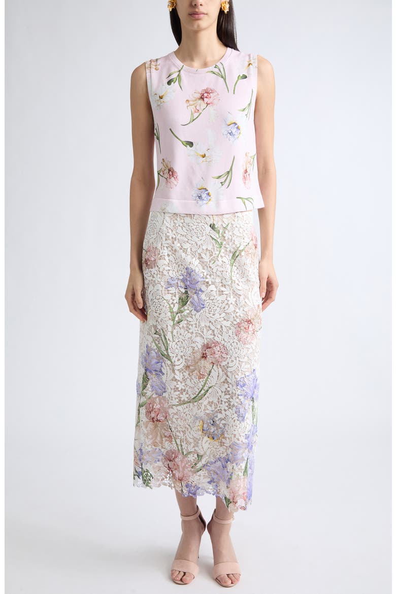 Iris Degradé Printed Lace Midi Skirt, Main, color, WHITE MULTI