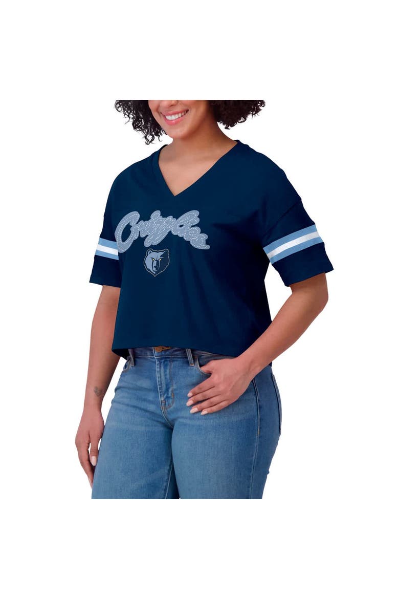 Women's WEAR by Erin Andrews Navy Memphis Grizzlies Plus Size Color Block Boxy V-Neck T-Shirt, Alternate, color, Navy