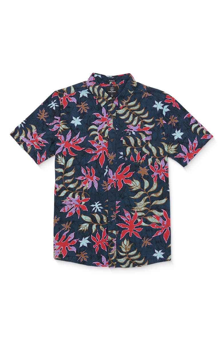 Volcom Floral Motion Short Sleeve Button-Up Shirt, Main, color, Navy