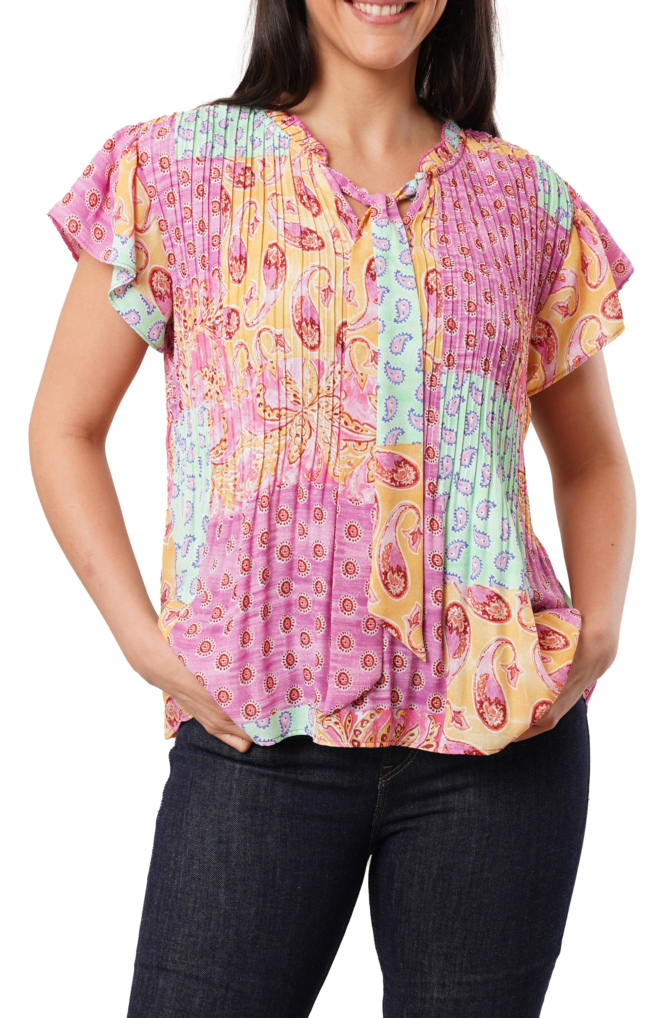 Pleated Tie Neck Short Sleeve Top - image 5