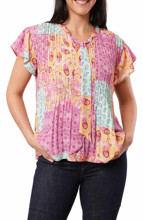 Pleated Tie Neck Short Sleeve Top