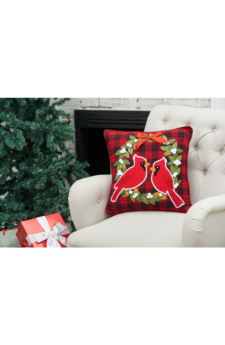 C&F Home Red Cardinal on Holly Wreath Plaid Cotton Blend Christmas Tufted Accent Throw Pillow 18" x 18", Alternate, color, Red